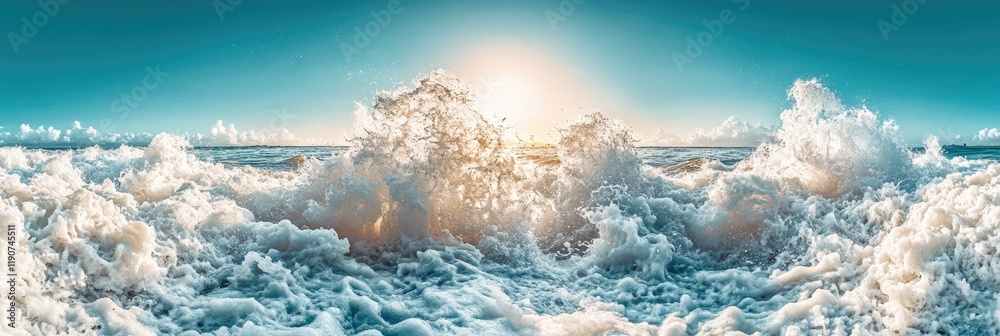 Fototapeta premium Ocean wave sunrise, coastal scene, sea foam