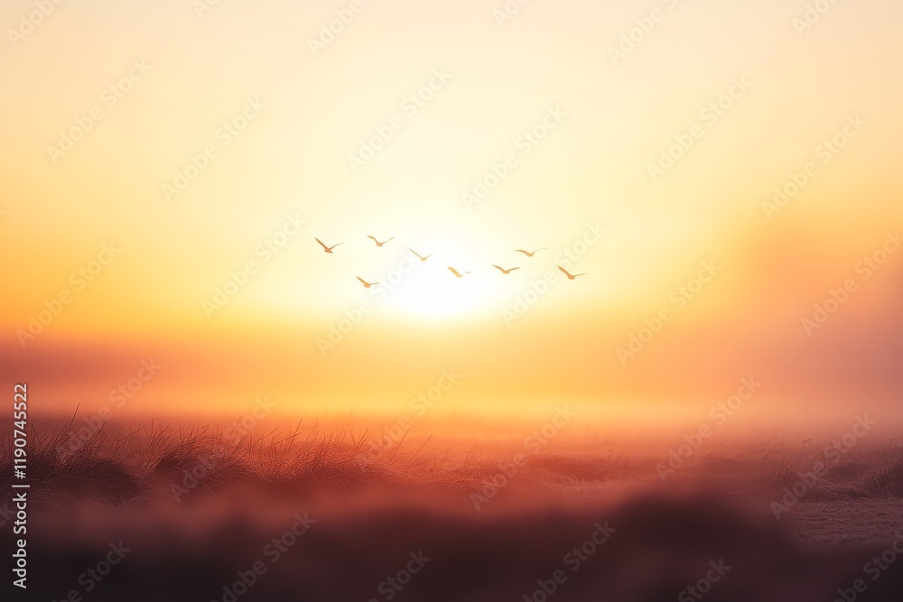 Obraz premium Serene Sunrise Over Misty Landscape with Flock of Birds Gliding Through the Golden Horizon in a Beautiful Nature Setting
