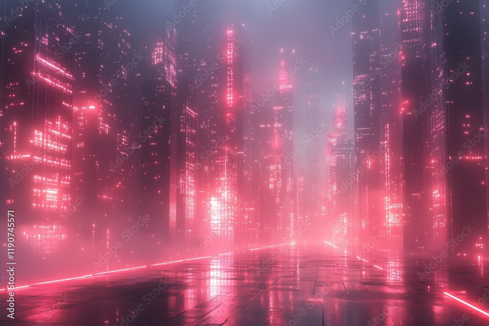 Obraz premium Vibrant neon lights illuminate a futuristic cityscape at night amidst fog and atmospheric effects