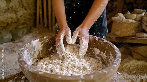 Hands kneading dough in a rustic setting, surrounded by flour and wooden tools, showcasing traditional baking photo