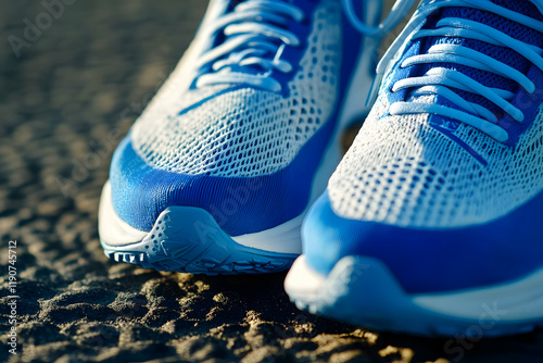 Blue and white sneakers placed on the ground, with untied laces creating a sense of movement, ideal for high-energy activities and sports.