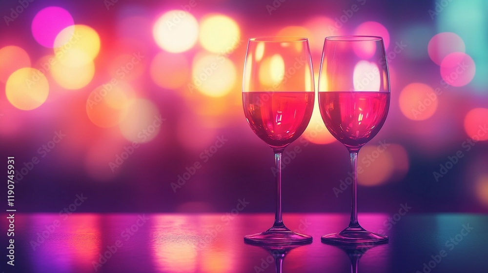 Soft blurred bokeh lights glowing beside elegant wine glasses, creating a romantic and intimate ambiance, style book illustration Soft blurred bokeh lights glowing beside elegant wine glasses, creating a romantic and intimate ambiance, style book illustration