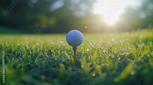 Close-up of a golf ball on a tee with a blurred green grass background, on a sunny day. This image provides copy space for a concept related to sports and leisure activities photo