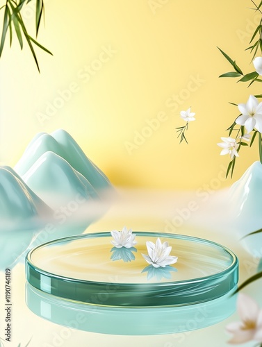 A light blue and green glass podium with water ripples, small white flowers on the surface of mountains and clouds in Chinese style, bamboo leaves flying around, soft dreamy depiction