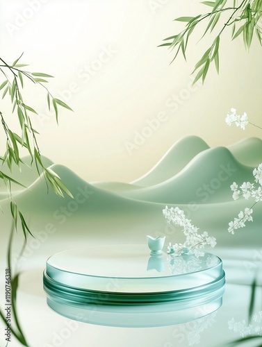 A light blue and green glass podium with water ripples, small white flowers on the surface of mountains and clouds in Chinese style, bamboo leaves flying around, soft dreamy depiction