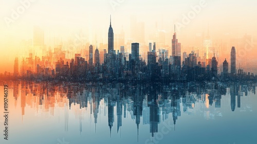 Stunning Cityscape Reflection at Sunset Urban Skyline Panorama