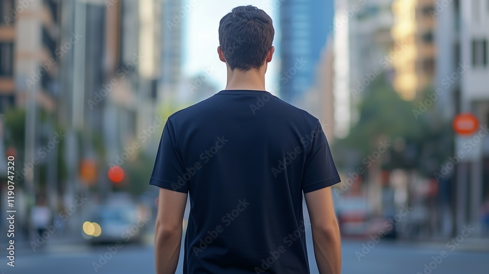 Fototapeta premium Close-up of a black t-shirt mockup on a male model, back view, with a blurred street background and cityscape