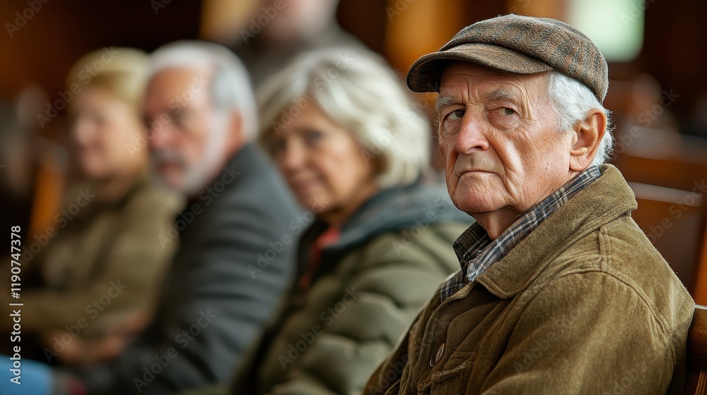 Thoughtful Elderly Man in Cap Senior Citizen in a Crowd Waiting Patiently Thoughtful Elderly Man in Cap Senior Citizen in a Crowd Waiting Patiently