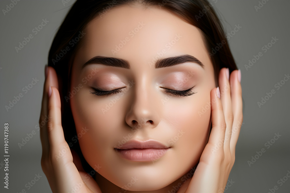 Serene woman with closed eyes, hands gently touching her face, showcasing flawless skin and perfectly shaped eyebrows. Ideal for beauty, skincare, and cosmetics advertising. Serene woman with closed eyes, hands gently touching her face, showcasing flawless skin and perfectly shaped eyebrows. Ideal for beauty, skincare, and cosmetics advertising.