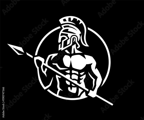 Spartan warrior with helmet and spear on a dark background.
