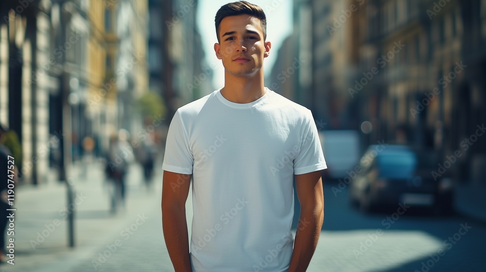 Fototapeta premium flat white t-shirt mockup, front view of an attractive young man with a slim body wearing a flat blank white short-sleeve shirt on a city street during the day, with detailed face and skin texture