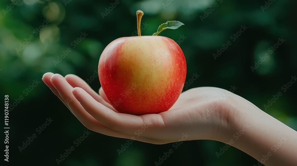 Red Apple Held in Open Hand Outdoors Fresh Fruit Healthy Eating Concept Red Apple Held in Open Hand Outdoors Fresh Fruit Healthy Eating Concept