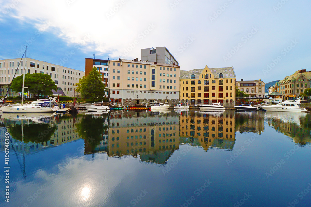 Fototapeta premium Alesund city on a summer day, Norway. View of colorful Art Nouveau architecture port