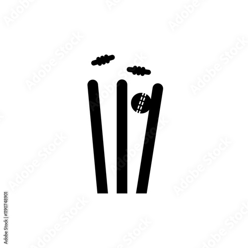 Cricket icon with broken stumps and bails for sport or game representation