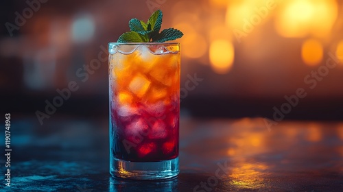Refreshing layered tropical drink in a tall glass with ice and mint served on a sleek bar