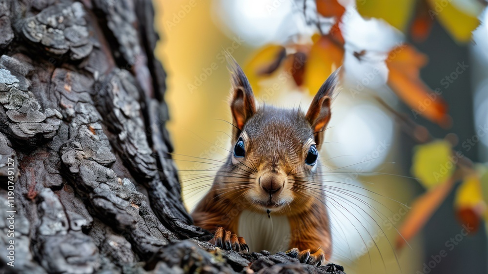 Close up of curious squirrel on tree, showcasing vibrant autumn leaves, emphasizing connection to nature Close up of curious squirrel on tree, showcasing vibrant autumn leaves, emphasizing connection to nature