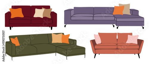 Set of trendy sofas, couches with cushions in retro Mid Century Modern style. Scandinavian living room furniture collection. Flat vector illustration isolated on transparent background.