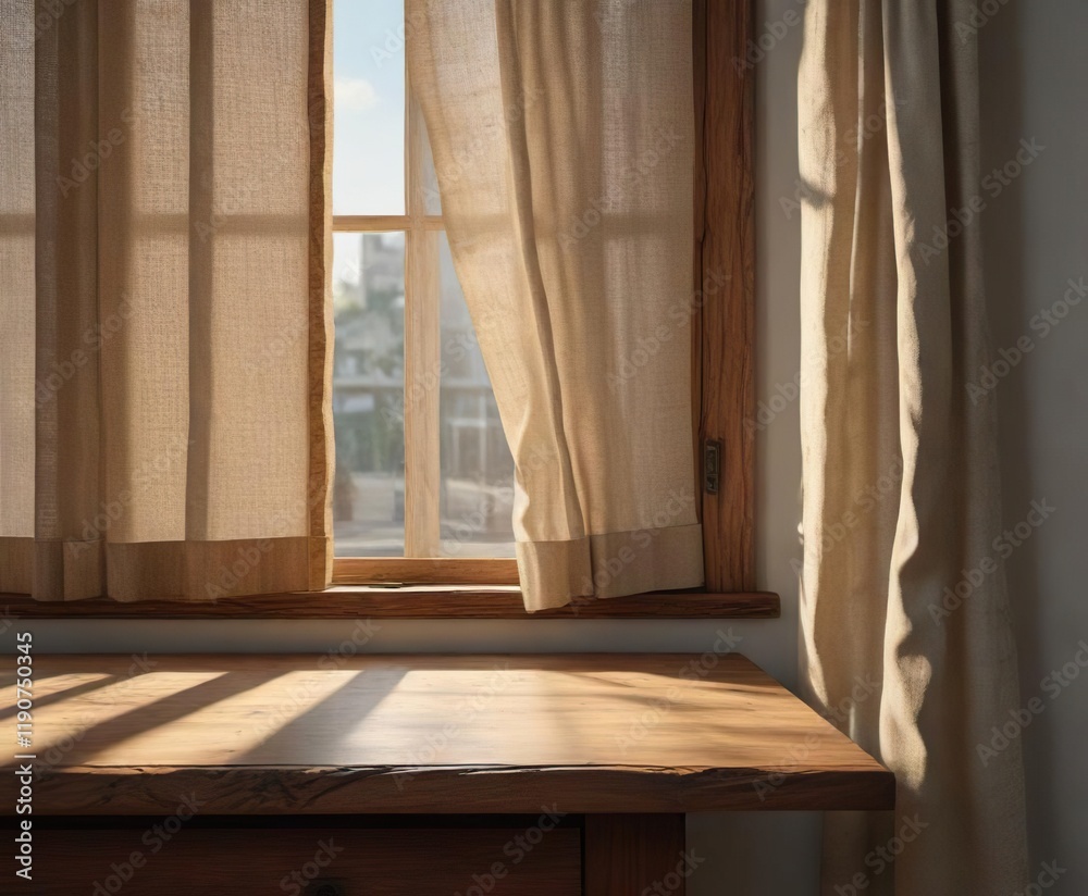 Fototapeta premium A rustic wooden tabletop is set against the worn edge of a half-curtained window, with sunlight casting intricate shadows , warm sunlight, home decor, rustic style