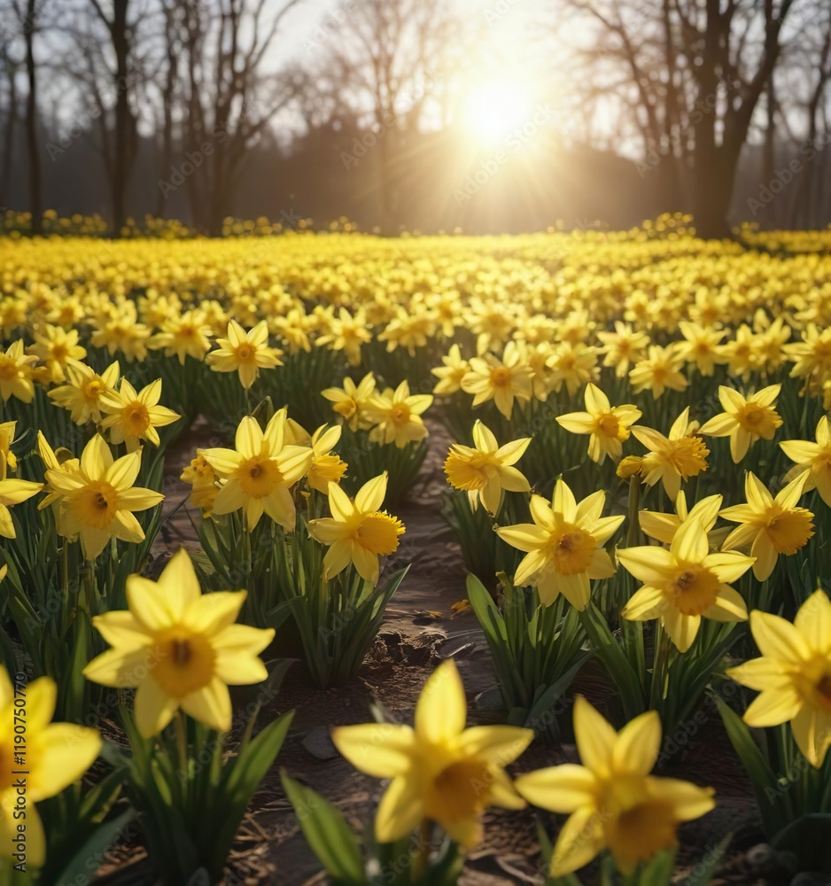 Obraz premium A sea of bright yellow daffodils swaying in the wind as the sun shines down on them , blooms, clouds, nature