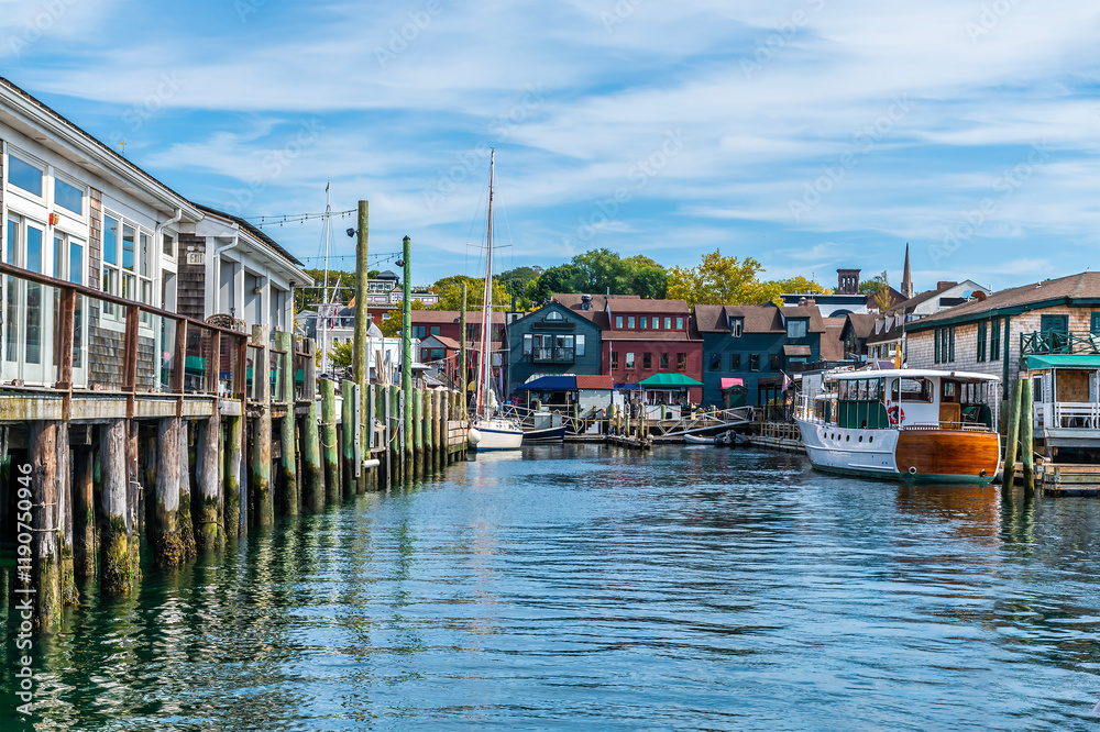 Obraz premium A view from a boat along moorings towards Bowens Wharf at Newport, USA in the fall
