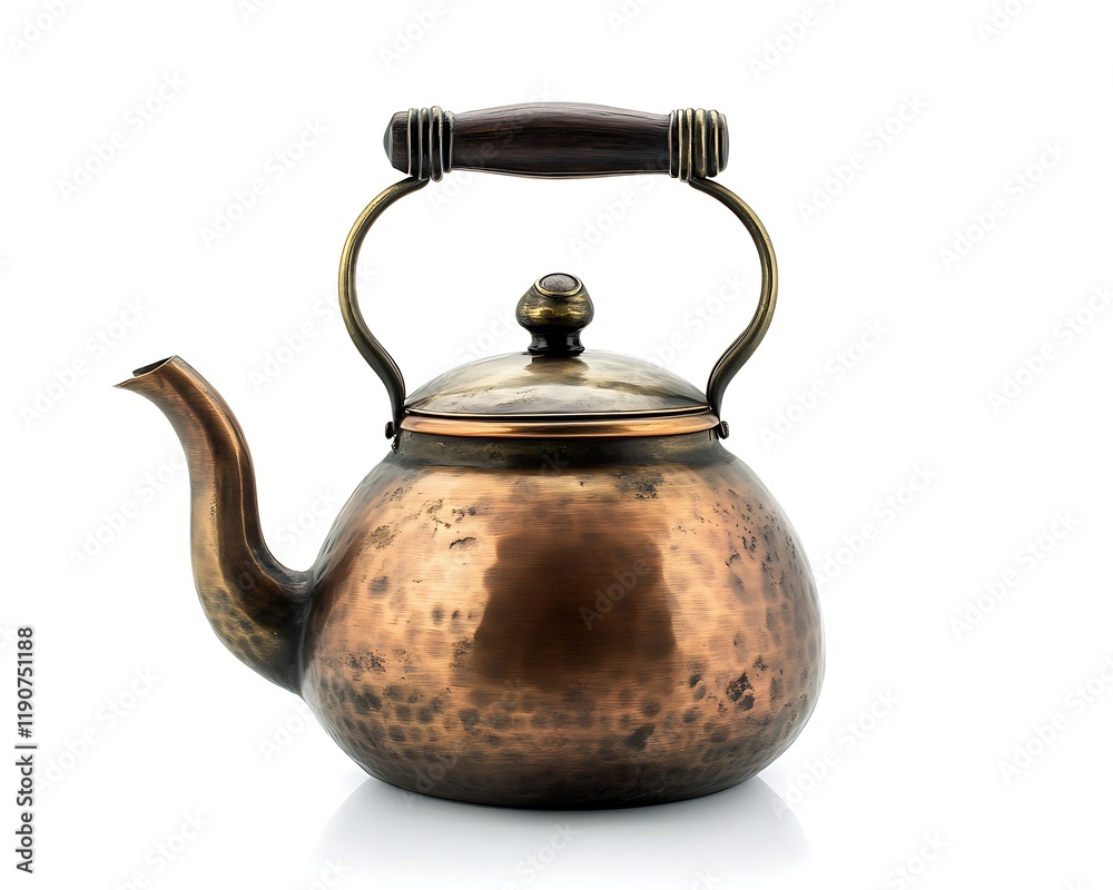 Refined antique copper kettle with a dark wooden handle, isolated on white backdrop, Refined antique copper kettle with a dark wooden handle, isolated on white backdrop,