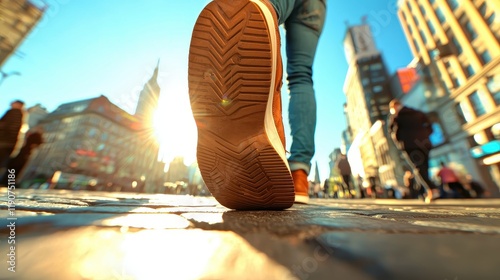 Person Walking City Street Cobblestone Shoes Urban Sunlit Closeup photo