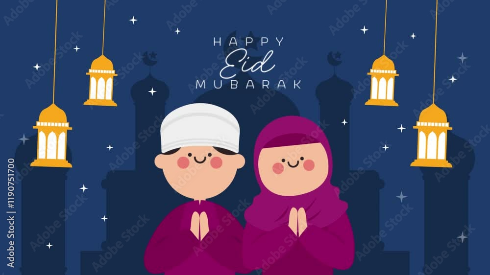 Idul Fitri, Lebaran, Happy Eid Mubarak, Ramadan Kareem text animation with Muslim man and woman, lantern animation, Muslim animation, and mosque silhouette background.