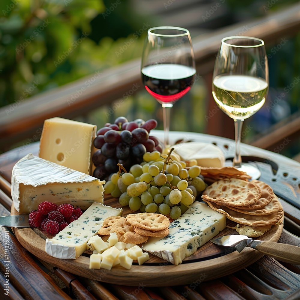 Outdoor cheese and wine tasting with grapes, crackers, and raspberries. Outdoor cheese and wine tasting with grapes, crackers, and raspberries.