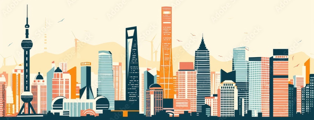 Obraz premium Colorful Stylized Skyline of Shanghai Cityscape