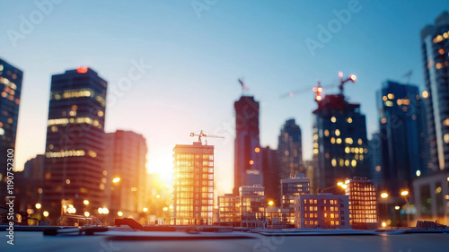 miniature cityscape with buildings and cranes at sunset, showcasing urban development and architecture
