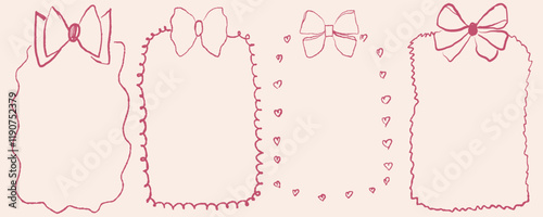 Set of handdrawn frames with decorative bows and hearts, perfect for invitations, greeting cards, or scrapbook design. Vector illustration