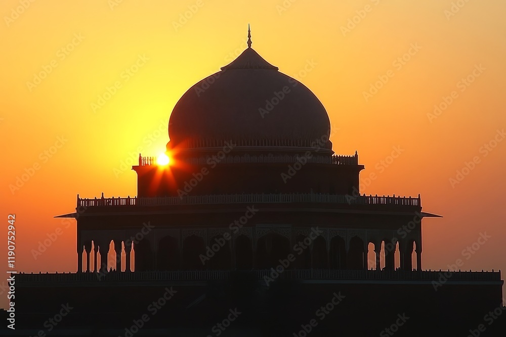 Obraz premium Stunning Silhouette of Historical Monument with Majestic Dome at Sunset, Radiating Warmth and Beauty in the Glorious Sky, Perfect for Travel and Architecture Themes