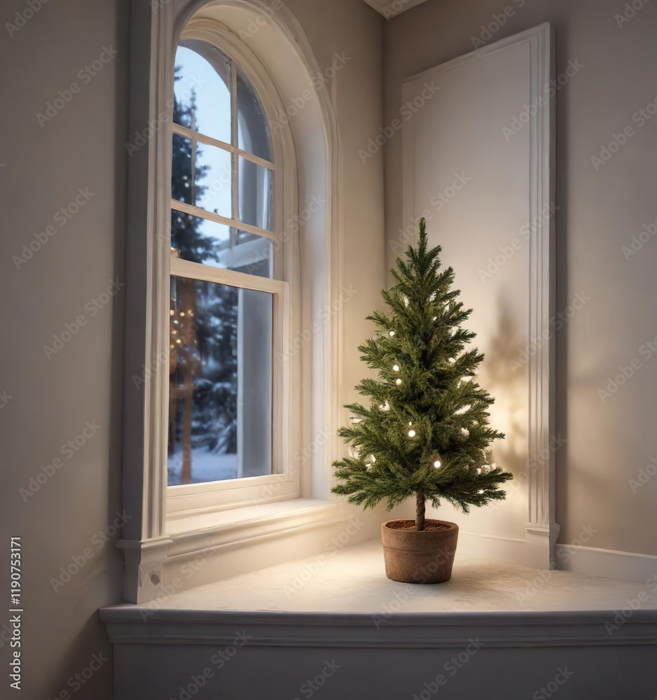 Fototapeta premium A small Christmas tree in a corner of a window , soft lighting, window corner, simple elegance