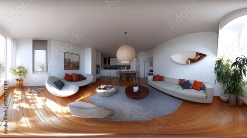 Modern apartment 360? virtual tour showcasing living room, kitchen, and hardwood floors.