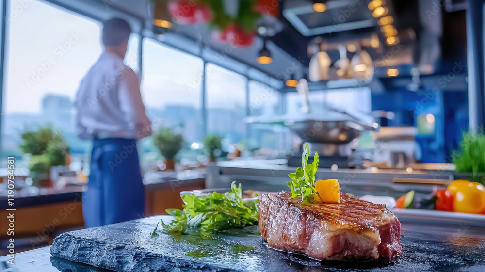 Fototapeta premium beautifully plated steak on slate with fresh herbs, showcasing culinary artistry in modern kitchen setting