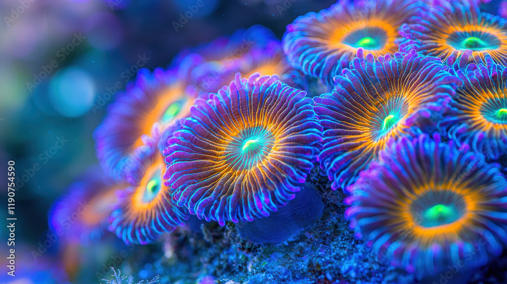 Fototapeta premium Vibrant coral polyps glowing in blue and orange hues create stunning underwater scene
