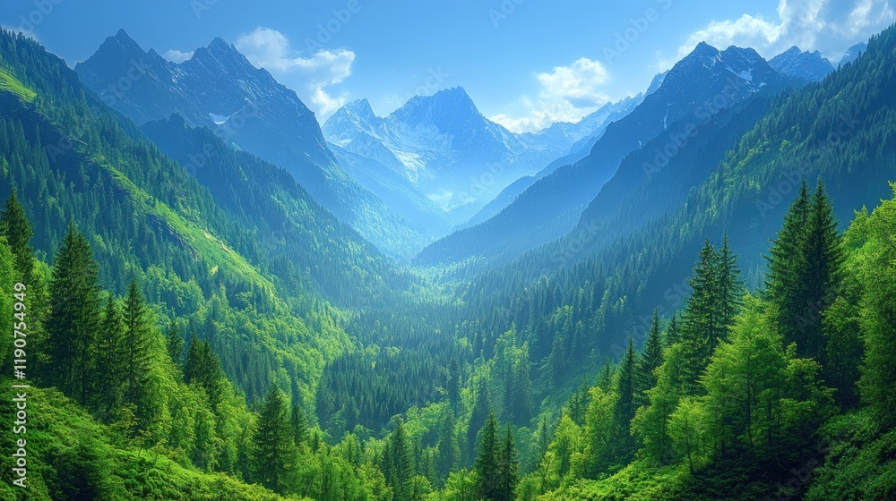Serene Mountain Valley with Lush Forests and Majestic Peaks in Nature Serene Mountain Valley with Lush Forests and Majestic Peaks in Nature
