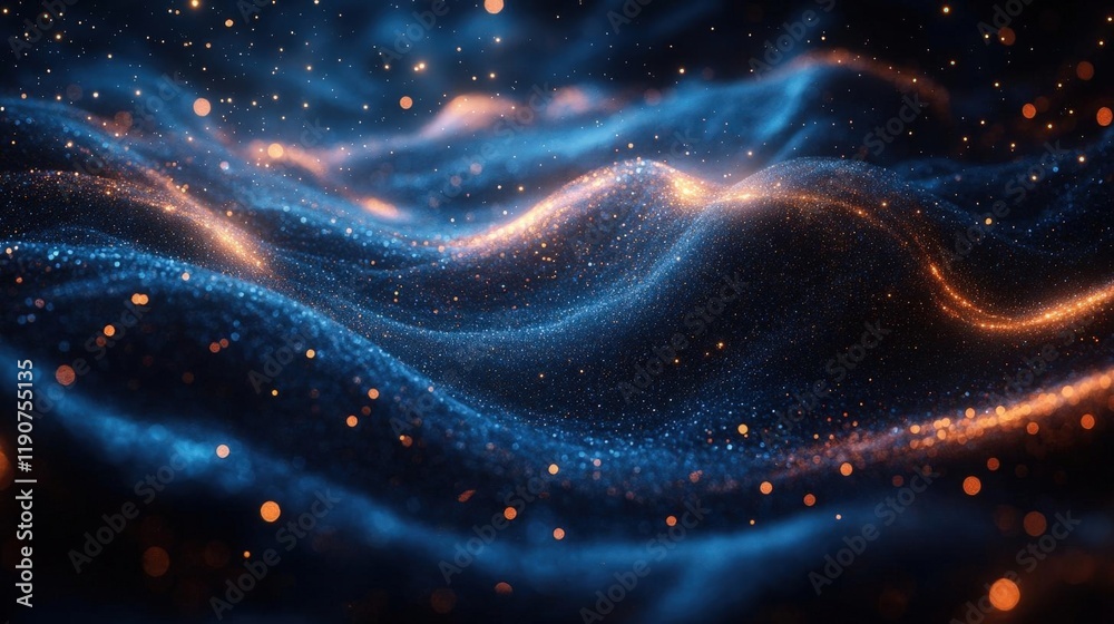 Obraz premium Abstract digital art: Blue and golden glowing particles forming dynamic waves. Dark background. Suitable for technology, energy, or design projects.