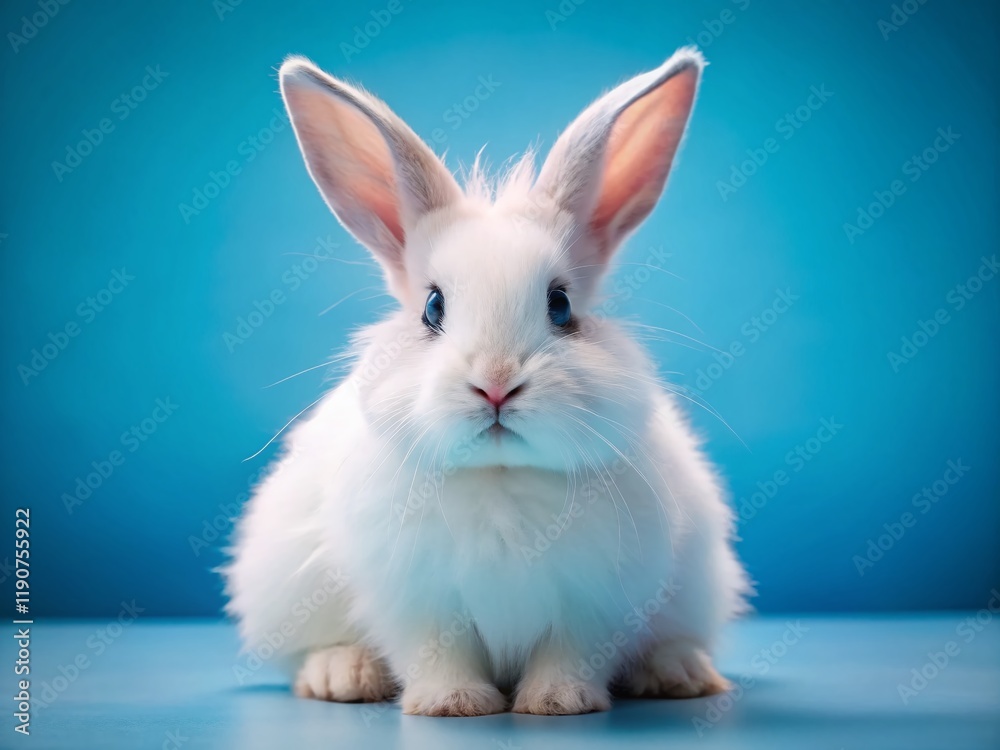 Fototapeta premium Fluffy White Rabbit Macro Photography: Blue Eyed Bunny on Soft Blue Background