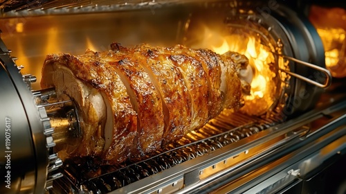 Rotisserie meat roasting to golden perfection in open flames photo