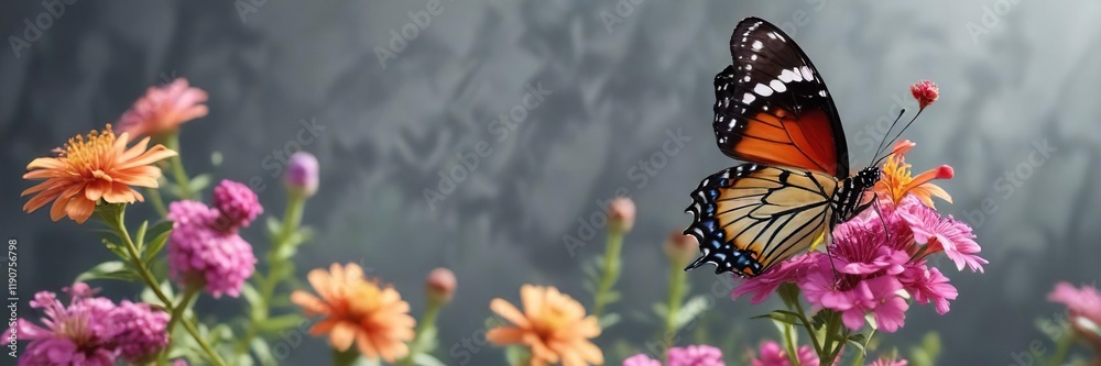 Fototapeta premium Beautiful butterfly on a colorful flower stem, scenery, natural