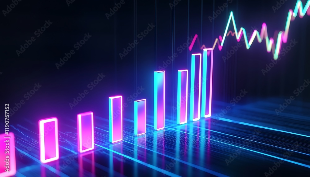 Fototapeta premium Dynamic sector bar chart in bright neon glow.