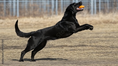 Black Labrador Retriever Dog Jumping Fetching Orange Toy Outdoors photo