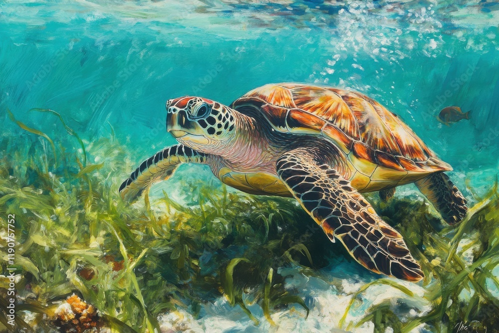 Fototapeta premium Vibrant underwater scene with loggerhead sea turtle in seagrass