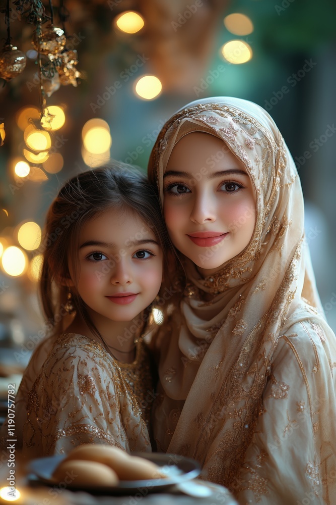 Obraz premium arab mom and daughter preparing ramadan food in the kitchen with ramadan decorations in the background