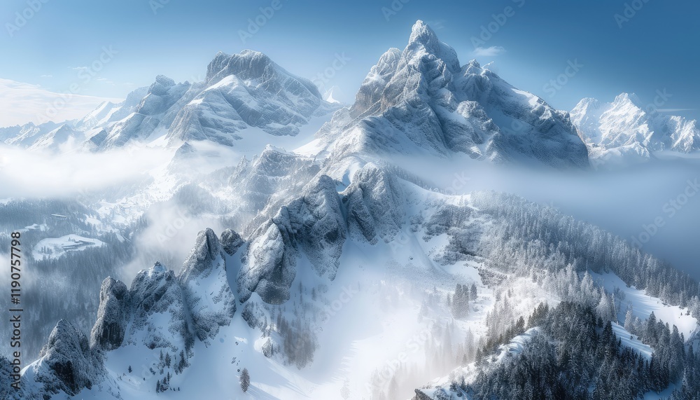 Serene Snow-Covered Peaks in a Misty Landscape Serene Snow-Covered Peaks in a Misty Landscape