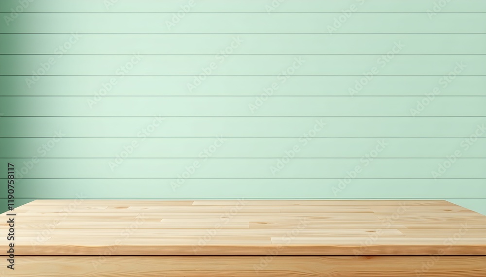 Wooden table surface, light wood planks, empty tabletop, mint green wall background, horizontal stripes pattern, minimalist interior Wooden table surface, light wood planks, empty tabletop, mint green wall background, horizontal stripes pattern, minimalist interior