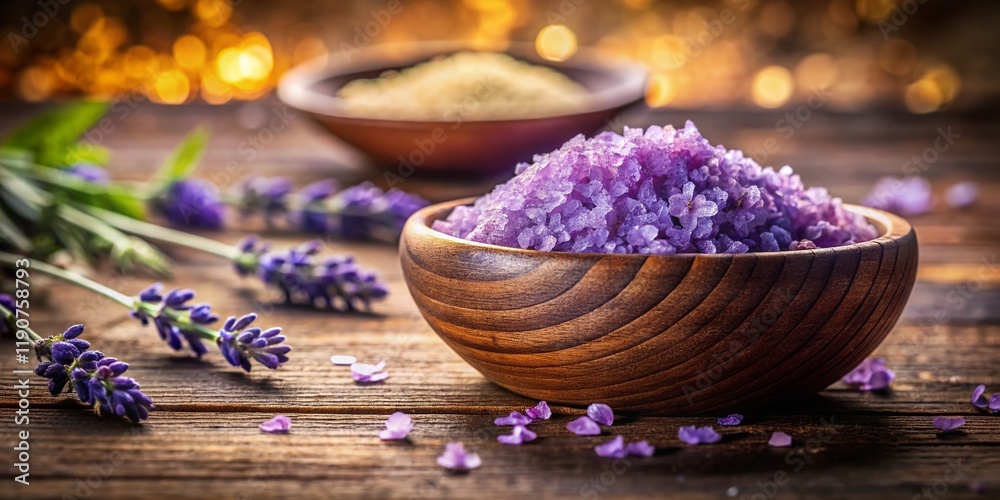 Rustic Wooden Bowl Purple Bath Salts Lavender Flowers Bokeh Spa Aromatherapy Rustic Wooden Bowl Purple Bath Salts Lavender Flowers Bokeh Spa Aromatherapy