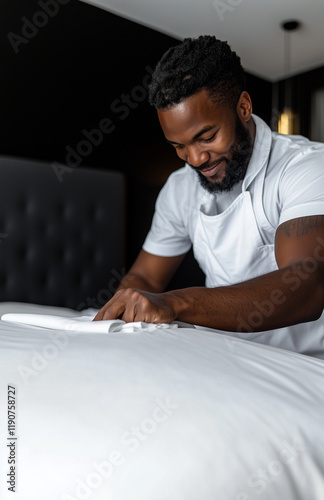 black male making the bed in a luxury hotel room