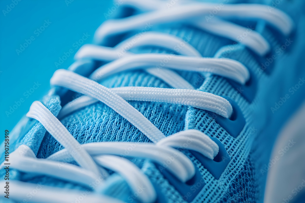 Close-up of sports sneakers with developing laces on a blue background, emphasizing flexibility and motion for active athletes. Close-up of sports sneakers with developing laces on a blue background, emphasizing flexibility and motion for active athletes.